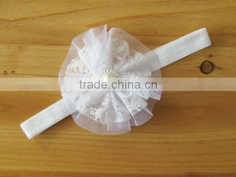 lace flower headband with pearl rhinestone in center for kids hair accessories