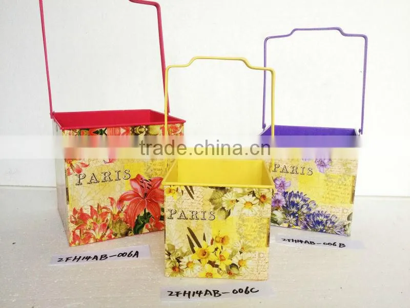 Home and garden decor metal square flower pot with handle