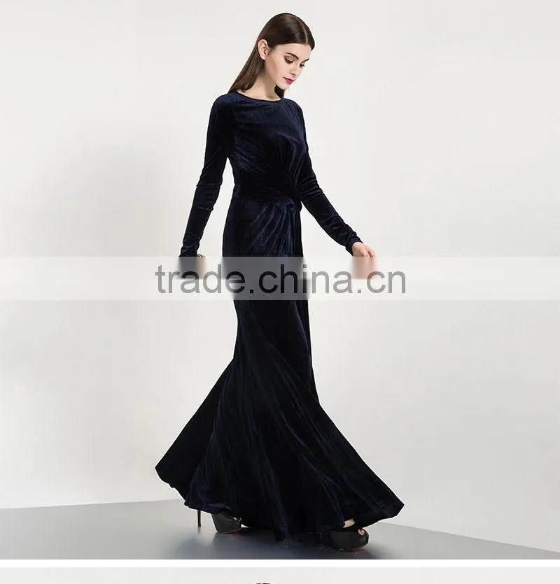 Evening Dresses Pretty Blue Long Sleeve Women Long Formal Party New Arrival Velvet Evening Dresses