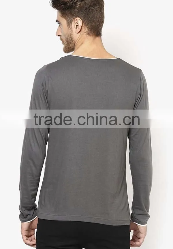 wholesale 100% cotton grey V-neck long sleeve t-shirt