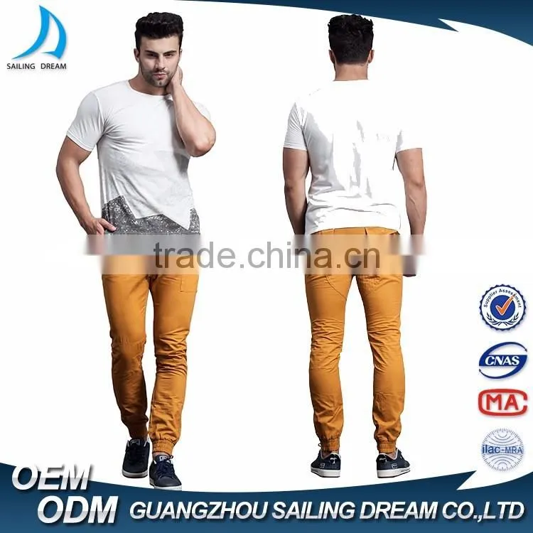 Wholesale elastic hem brand name harem mens chino pants with small side pocket