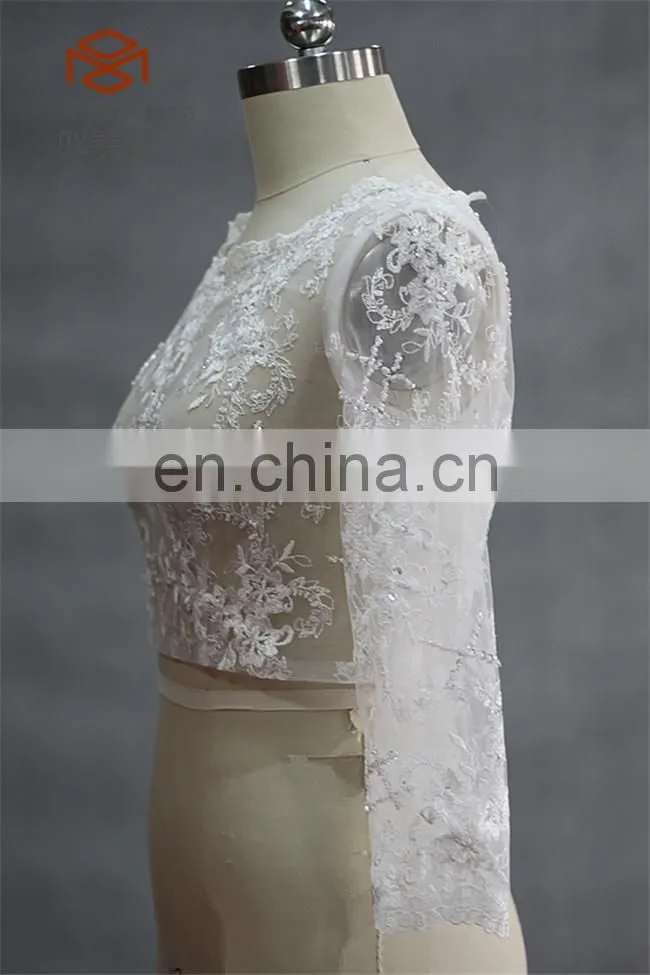 OEM service Lace Applique Beaded Wedding Jacket With Sleeve
