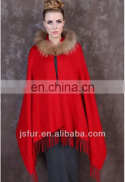 China manufacturer 2013 hand made raccon fur collar on beautiful cape
