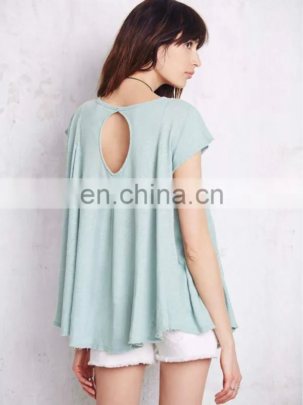 Short sleeve cotton jersey plain color ladie back cutout tops,high quality babydoll shirt