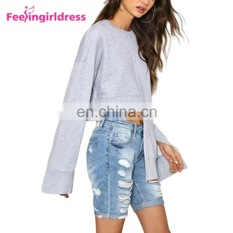 Low Moq Fashion Long Sleeve Women Solid Blank Crew Neck Plain Sweatshirt