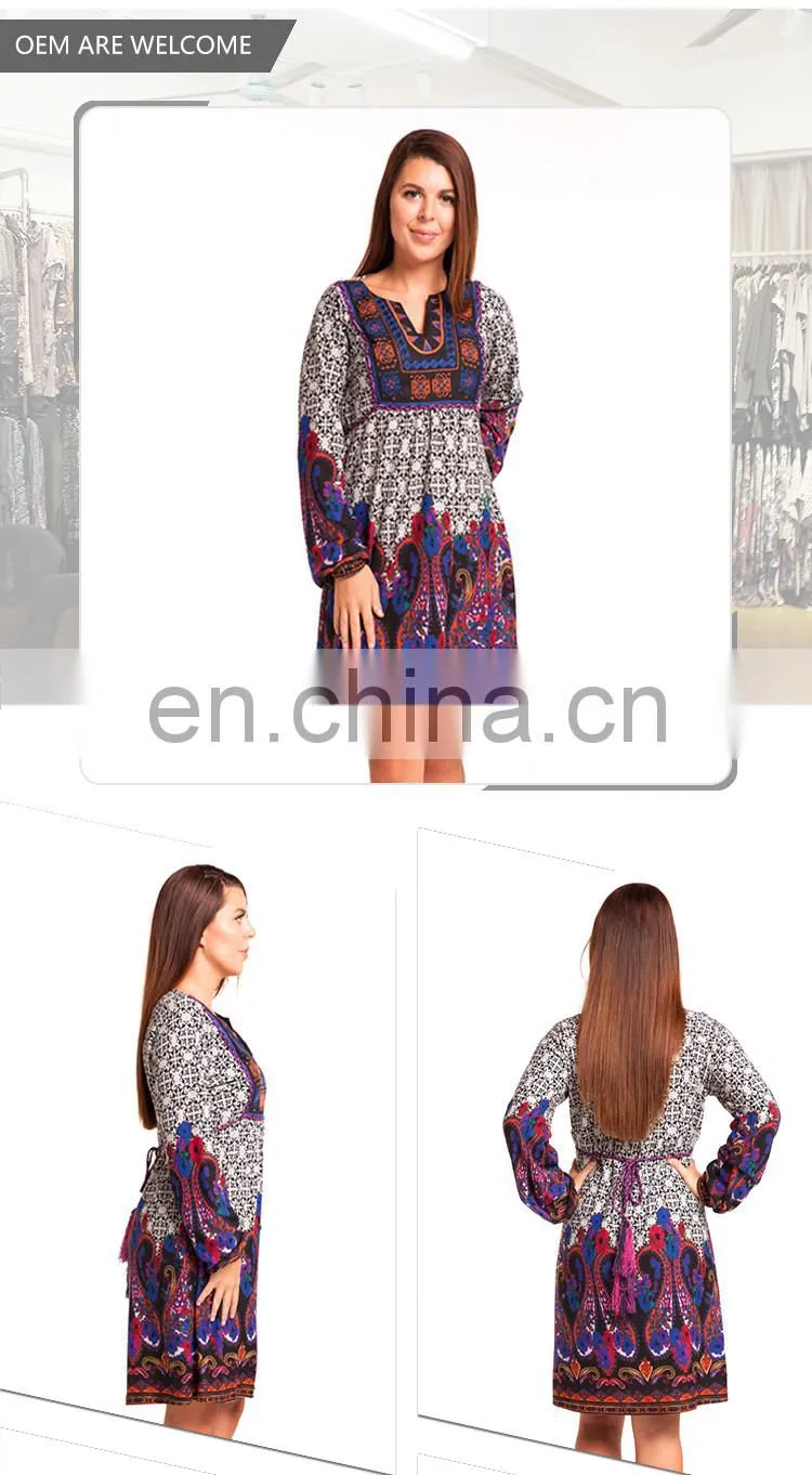 Long Sleeve V Neck Tribal Clothes Women Plus Size Vintage Dress
