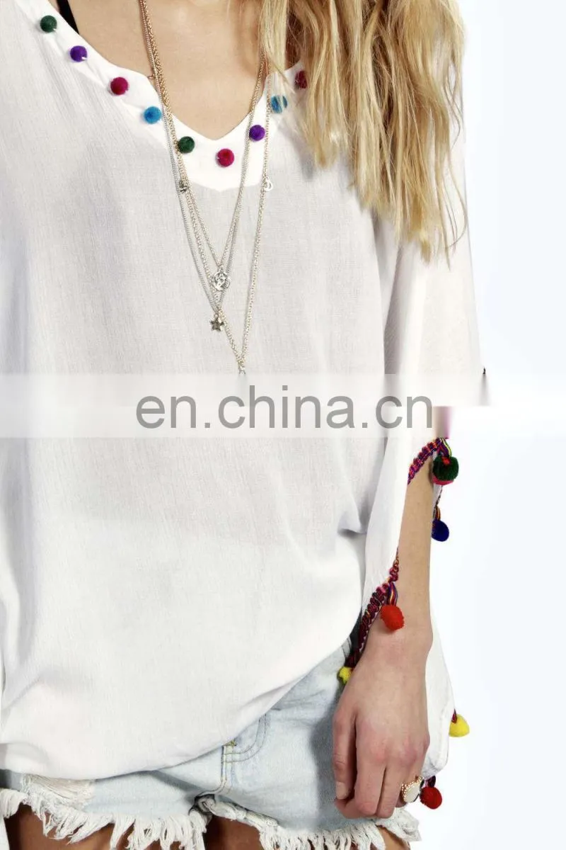 BRIGHT POM POM TRIM OVERSIZED TOP Slim Embroidered Poncho/ Short Kaftan For Women Summer Wear