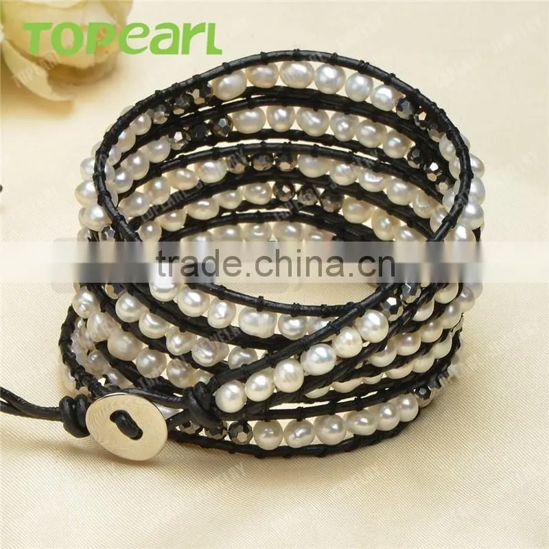 Topearl Jewelry Freshwater Pearl Wrap Bracelet Woven Leather Bracelet for Women 33.5 Inches CLL131