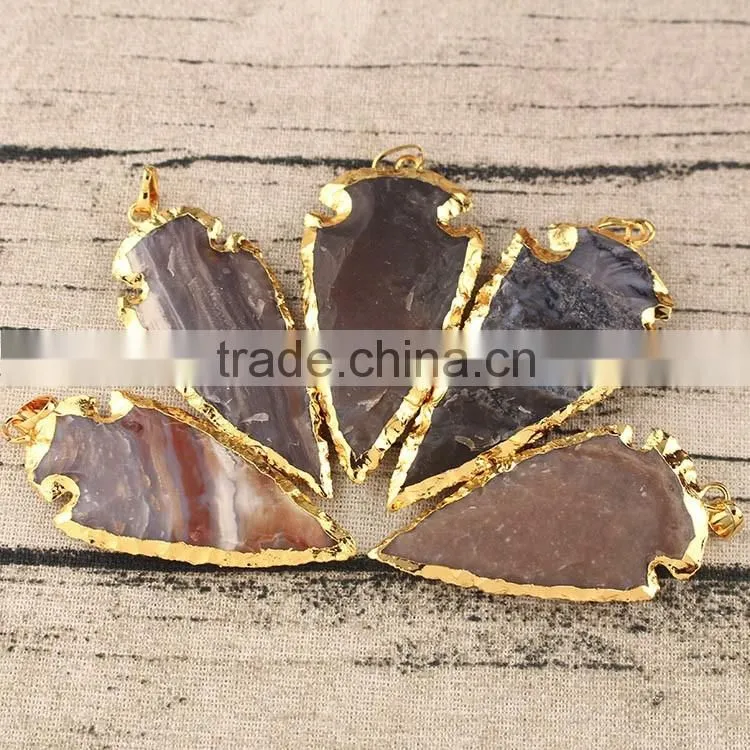 JF6939 Hotsale Big Natrual agate arrow head gold plated gemstone arrowhead pendant