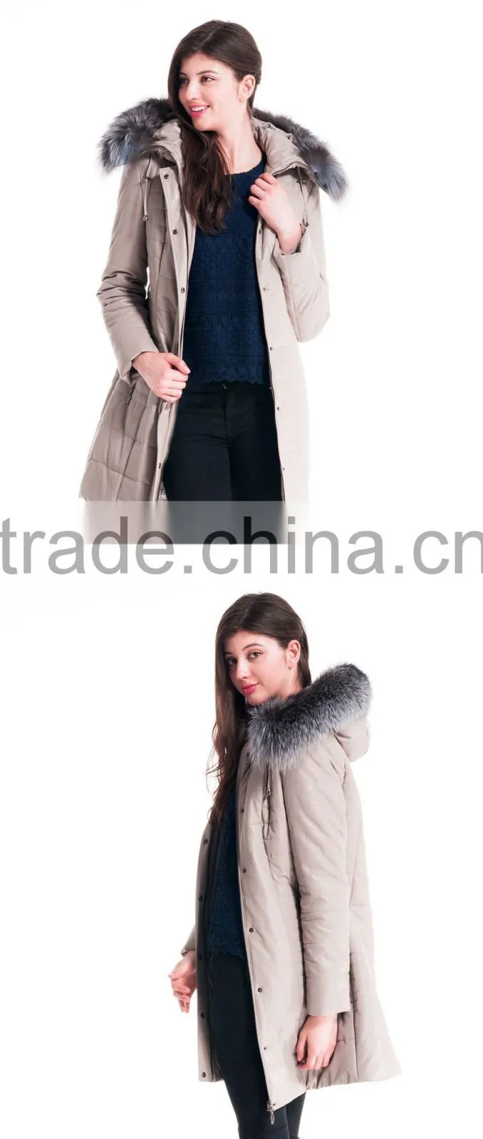 Winter Women Leather Medium Length Slim Fit Coat With Brown Fox Hat Overcoat