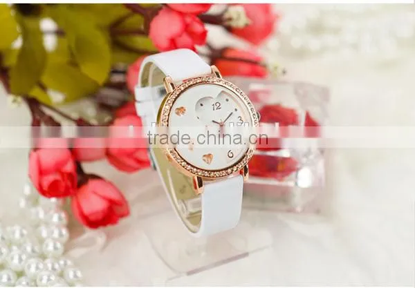 Fashion beautiful heart shape diamonds watch gilrs leather quartz watch