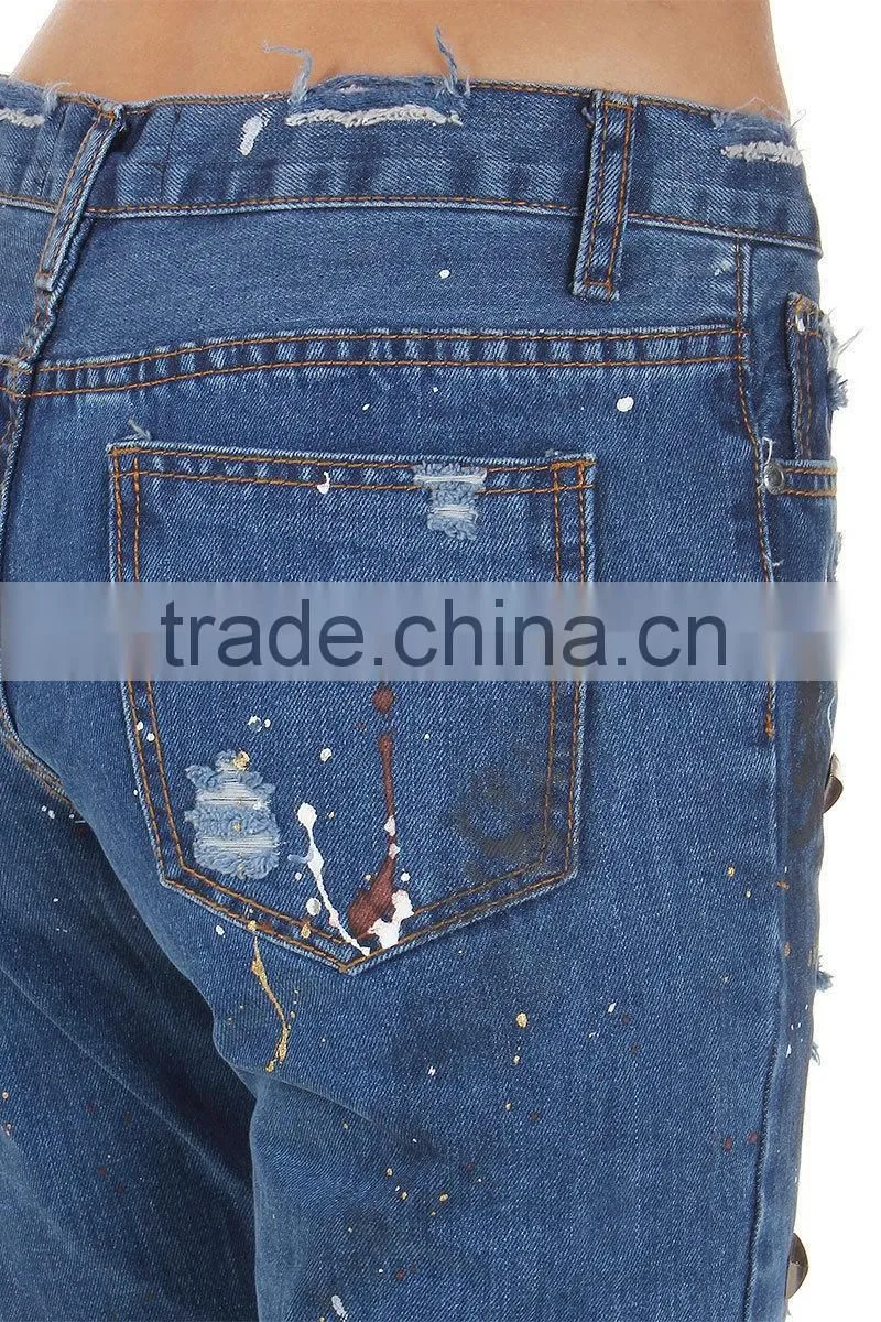 Women New Blu Destroyed Denim Embroidered Jeans Pants Trousers