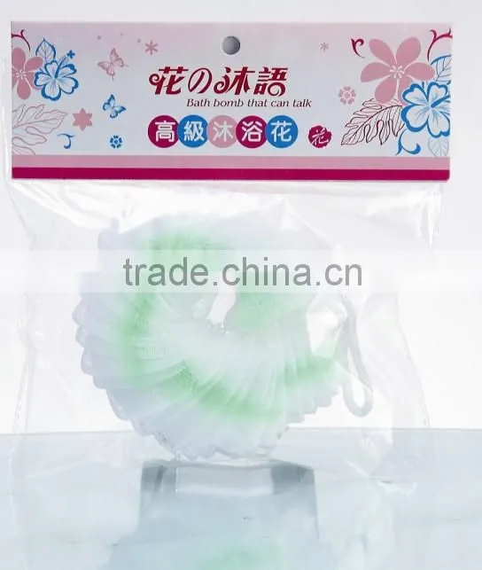 Wholesalegood quality flower shaped bath spong ,bath balll ,mesh shower wash sponge for promotional gift