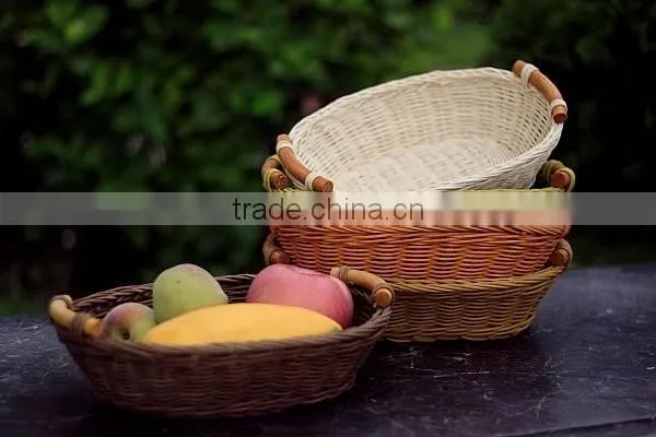 Rattan fruit basket and tray with wood handle