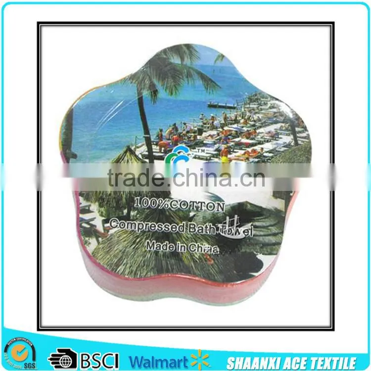 100% cotton velour printing compressed beach towel flower shape compressed towel on beach