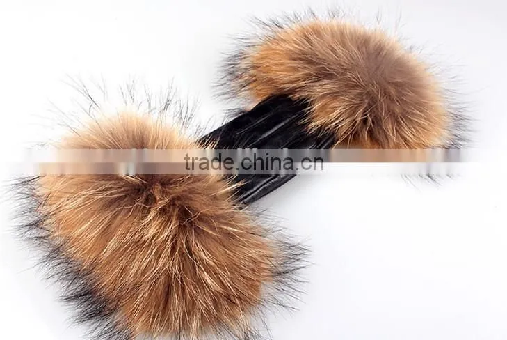 New 2016 Winter Fashion Raccoon Fur Short Design Women's Leather Gloves Thickening