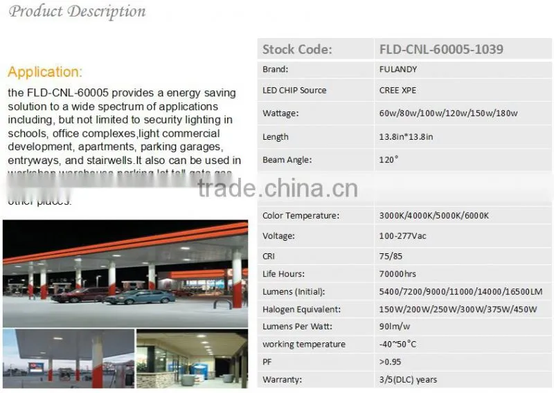 2015 hot new recessed installation LED canopy light 80W led outdoor lighting DLC UL listed passway lighting