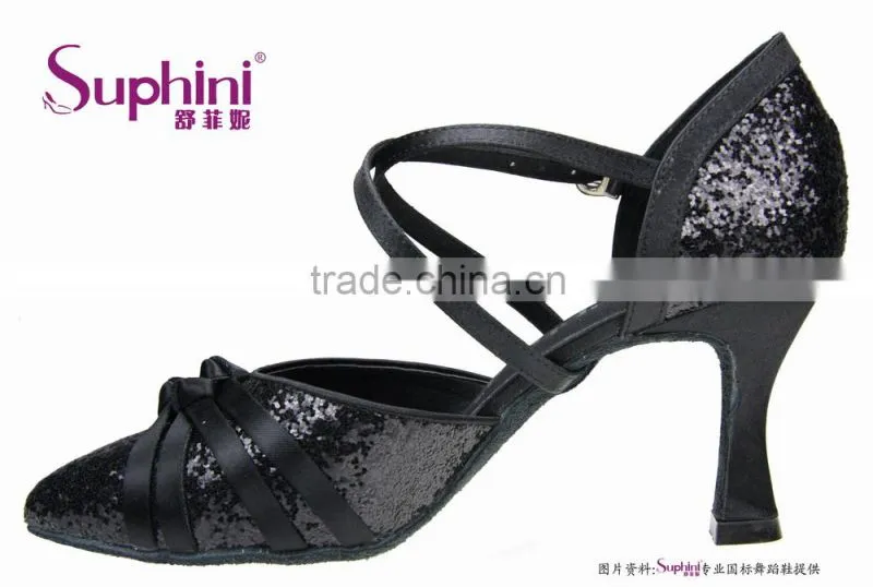 Suphini Glitter Black High Heels Women Ballroom Shoes Dance