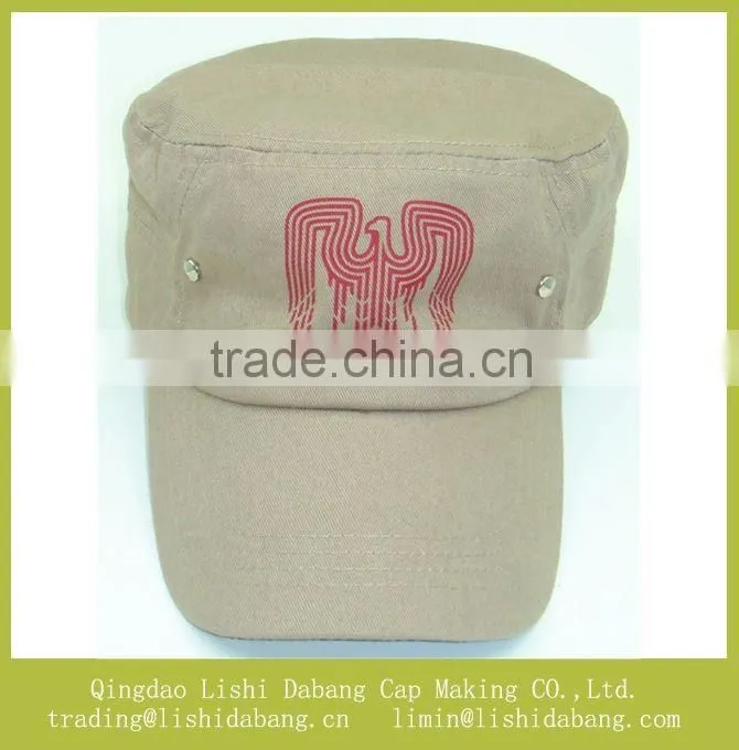 Cotton twill material printed army hats, flat top military cap travel