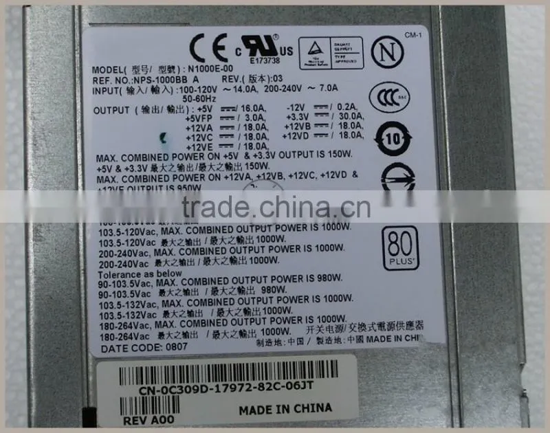 C309D 0C309D CN-0C309D NPS-1000BB A N1000E-00 1000W Power Supply for XPS 730 T7400