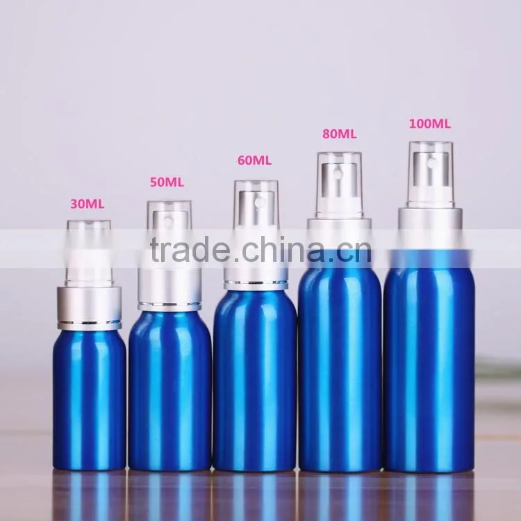 Wholesale 30ml-500ml cosmetic packaging bottle blue aluminum perfume bottle aluminum spray bottle