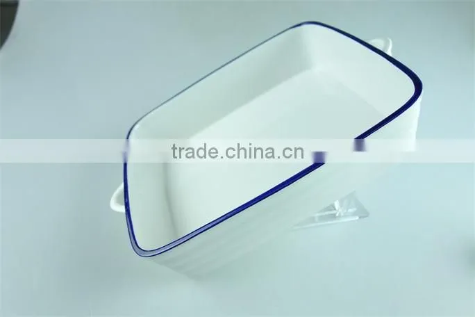 White blue line zakka style enamel ceramic baking dish with handles rectangular baking dish