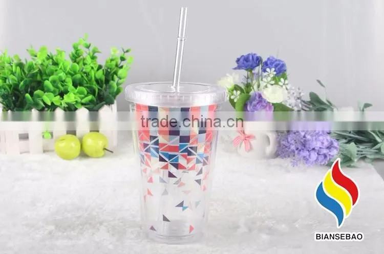 Custom logo design double wall plastic tumbler with straw