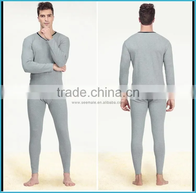 Combed Cotton Lycra Heated Thermal Underwear Men Thick Long Sleeve Long John V-neck Thermal Clothing Set Simple Design