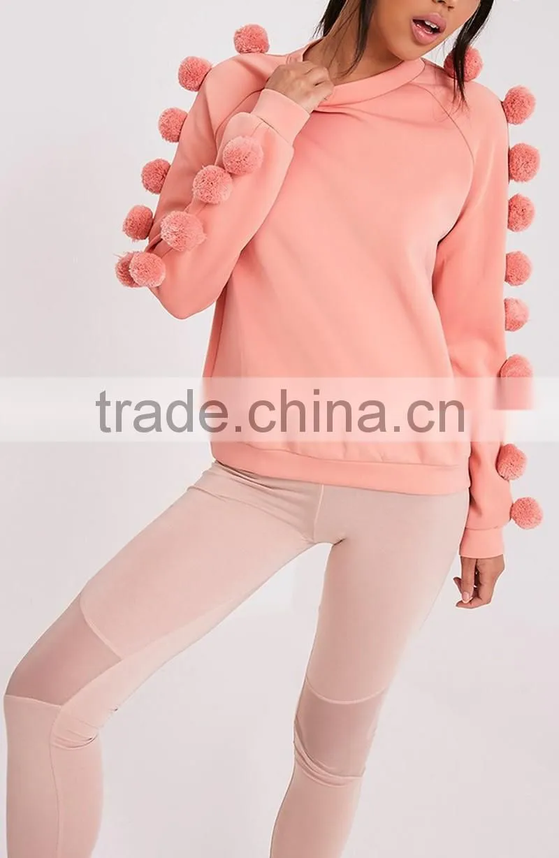Women Pink Cute Fashion Sweater Long Sleeve Pullover Sweatshirt plush ball