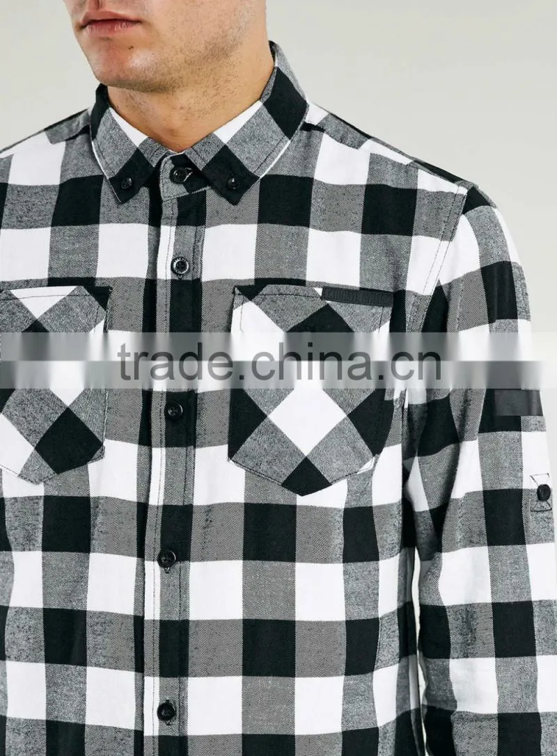 High quality Mens Casual Shirt With Pocket Black White Plaid Shirt