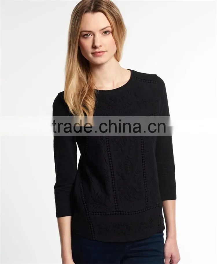China Supplier Shandao Latest Model Good Quality Autumn Casual 3/4 Sleeve Round Neck Black Embroidered Cotton Tops For Women