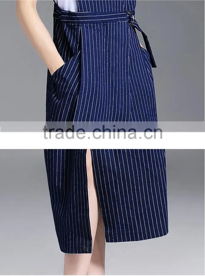 Fashion Women Sleeveless Striped Spaghetti Strap Dresses New Design Denim Maxi Dress