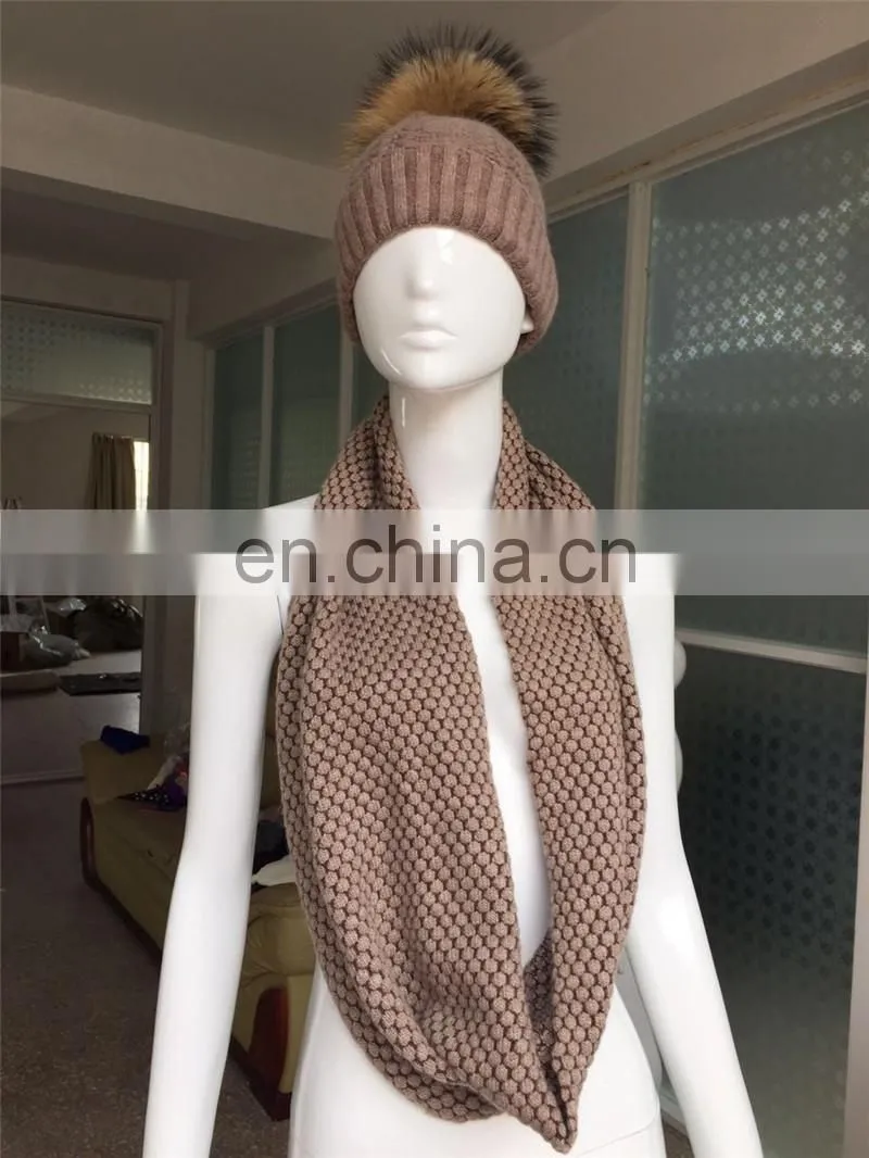 Wool Flat Knitting Beanie Pompom Hat Fashionable Lady Scarves One Piece Hat and Scarf