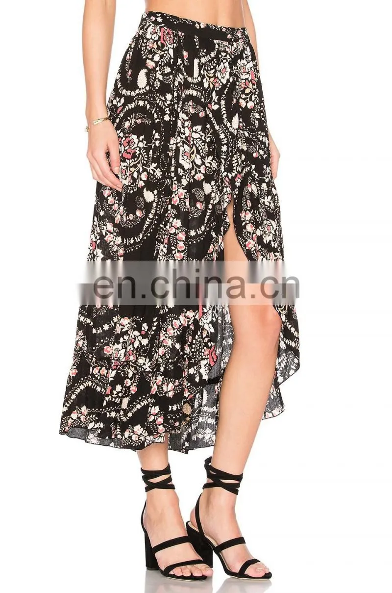 Hot sale sexy ladies hawaiian floral printing skirt with side split