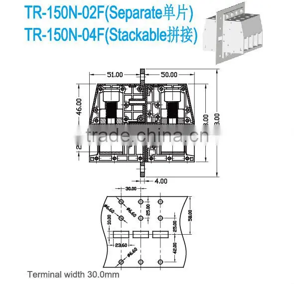 Bulkhead connector Pitch 30.00mm 600V 285A High Current Through Panel Terminal Block