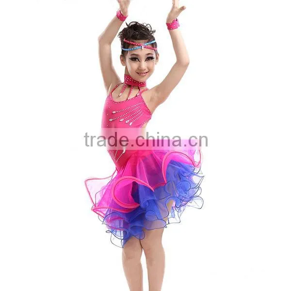 High level kids professional competition latin dance costume for girls Bright drill tassel Latin dance skirt