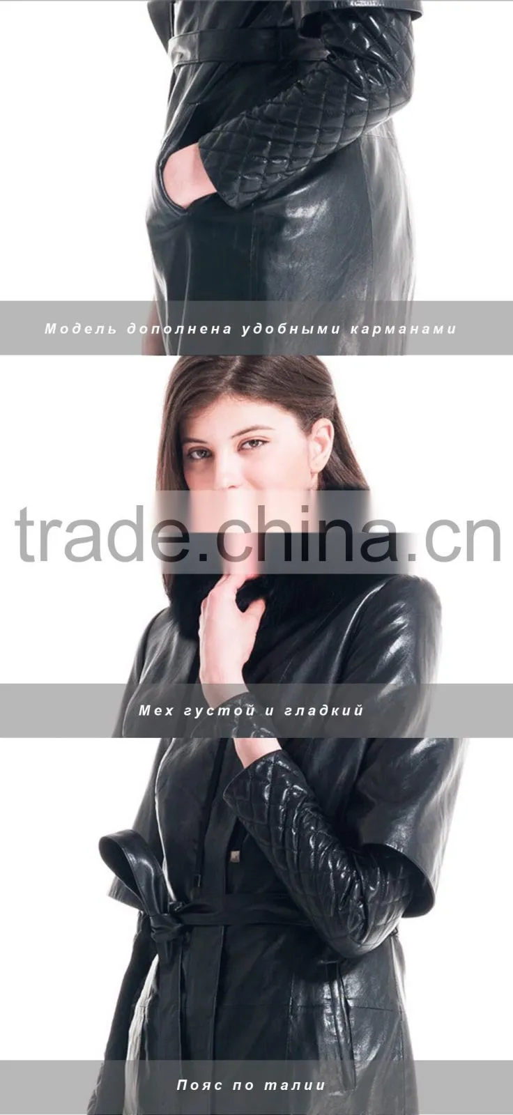 Winter Women Medium Length Slim Fit Leather Coat With Detachable Blue Fox Hat Overcoat