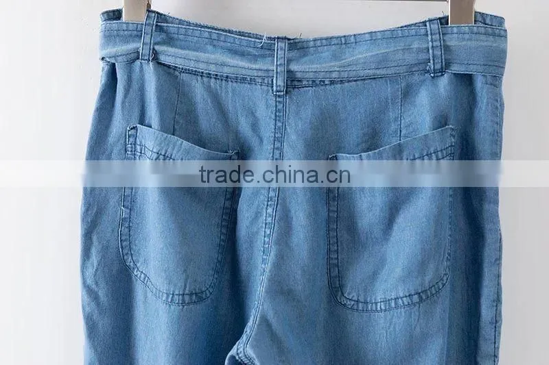 Hot Trendy Women High Waist Pockets Bow Sashes Denim Jeans Harem Pants Trousers