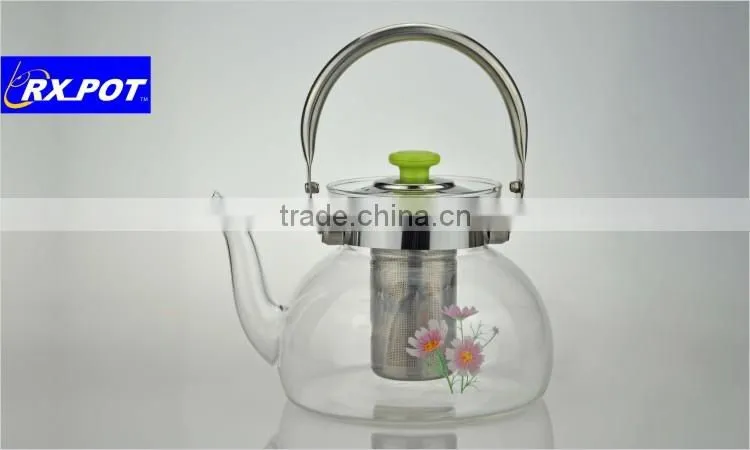 2016 New Design Gifted High Quality Borosilicate Pyrex Glass Tea Pot With Stainless Steel Infuser 1500H