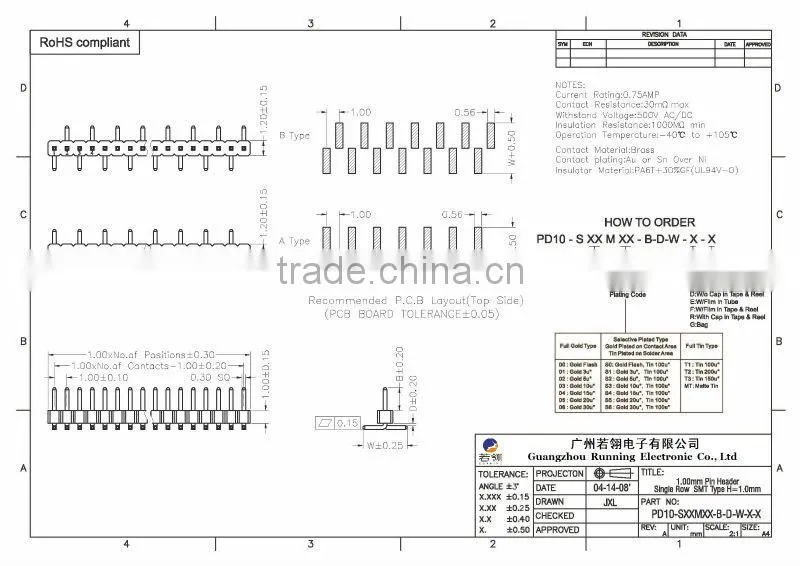 Pitch 1.0mm Single Row Pin Header SMT H=1.0