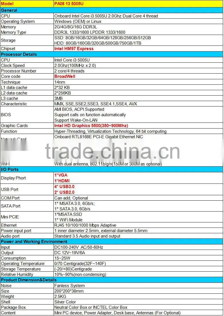 High Quality New Design 5th CPU Intel Core i3 5005U Aluminum Fanless Computer