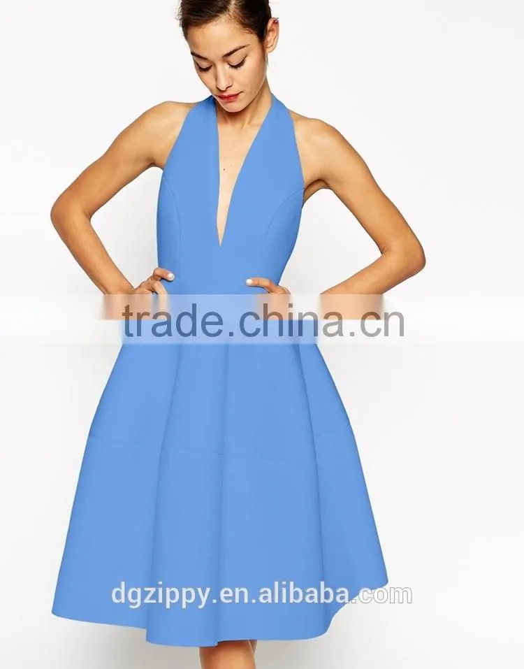 Fashion plain dyed plunging front woman dress Open back prom dresses 2015