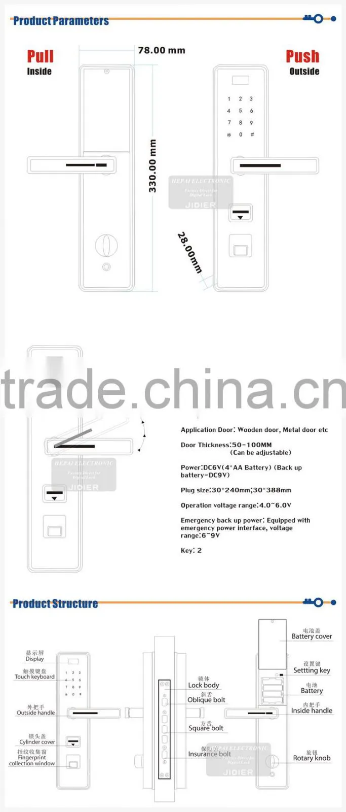 Fingerprint password keypad sliding door lock