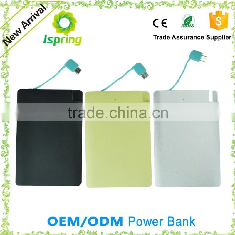 Metal slim credit card 2500 mah power bank with build in cable