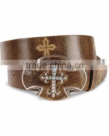 Western Crackled brown leather belt cross stitch distressed leather rhinestones belt