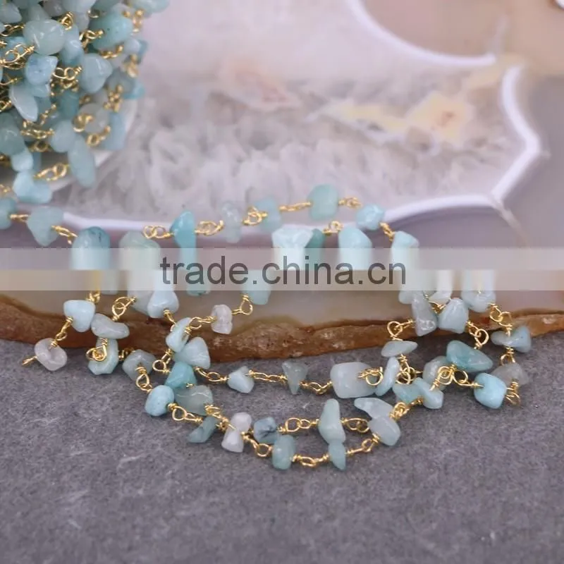 Aquamarine Chip Beads Link Rosary Chains,Brass Wire Wrapped Chain Necklace bracelet, Fine Jewelry Findings Stone Beaded Chain