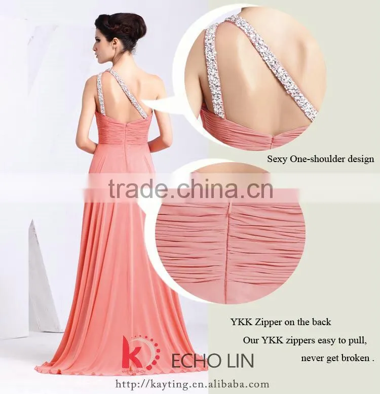 New one-shoulder ruffle and beaded long kaftan pink evening dress