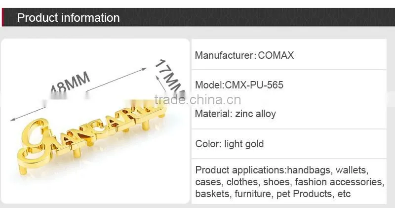 Popular gold custom handbag logo small metal letters for bags