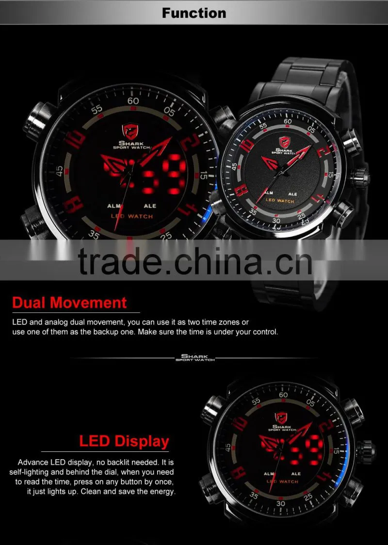 SHARK Sport Men Multiple Function Japan Movement Large Dial LED Display Digital Wrist Watches