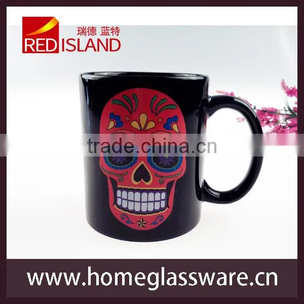 11 oz black ceramic coffee cup mug with skull pattern